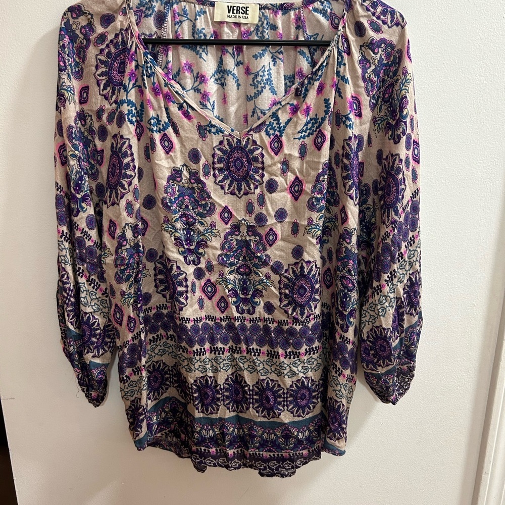 Verse Made in USA Womens Large Boho Paisley Floral Rayon Blouse‎ Purple Blue L